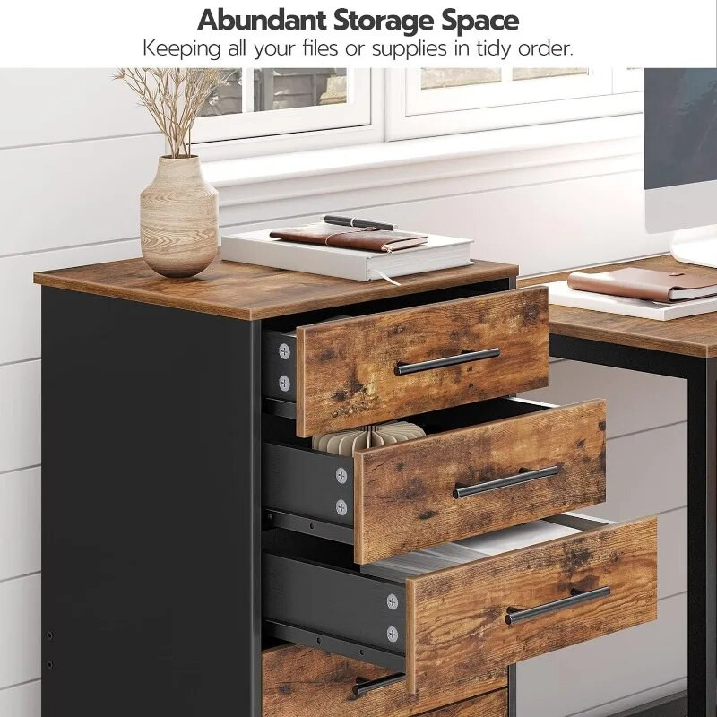 Chest with top surface items and adjacent desk